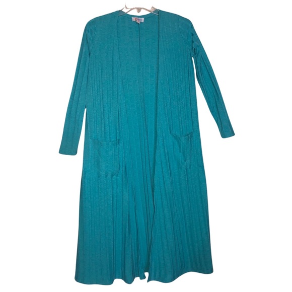 𝅺nwt LuLaRoe XS Small Sarah Cardigan Blue Long Sleeve Mid Calf Pockets - Picture 1 of 6